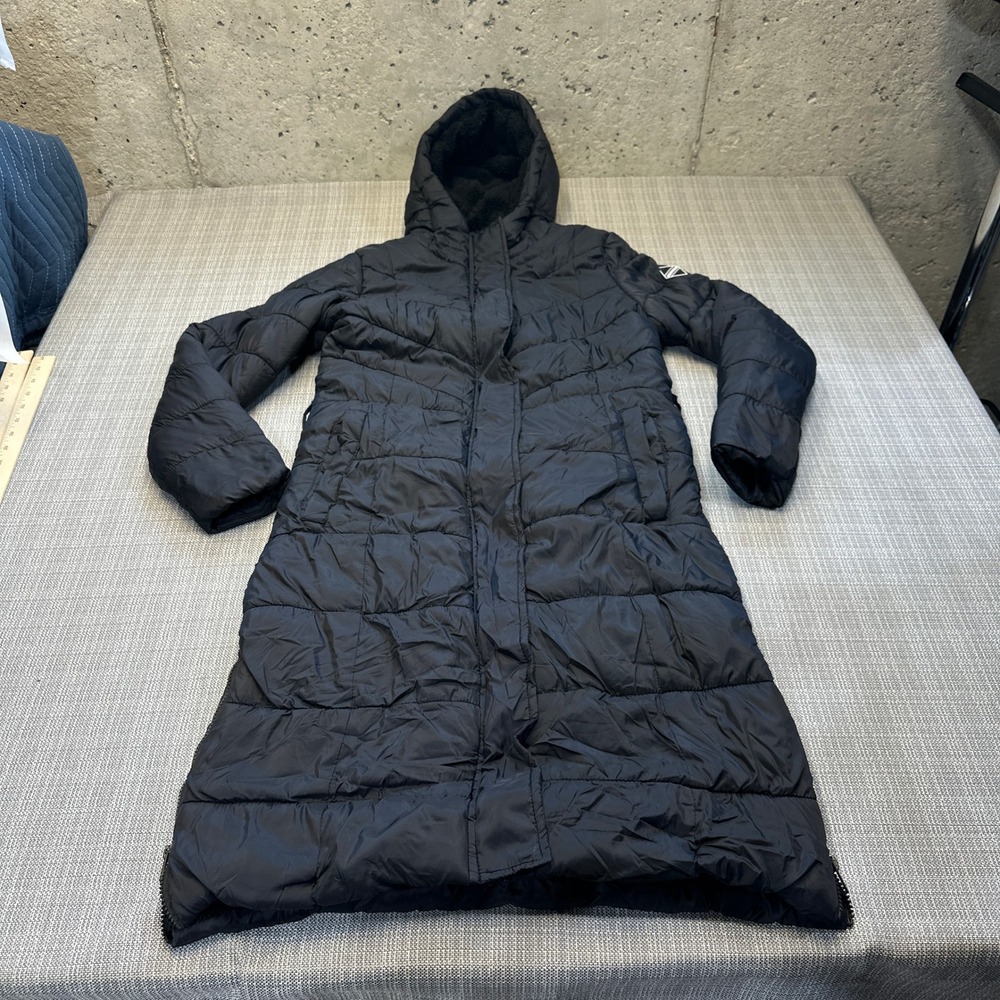 Aeropostale Jacket Womens Small Black Longline Puffer Coat Sherpa Lined Hooded
